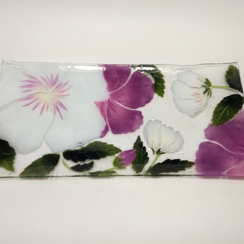 Fused Glass Floral Plate Tray Art Glass Artist Signed Purple White 16" Inch